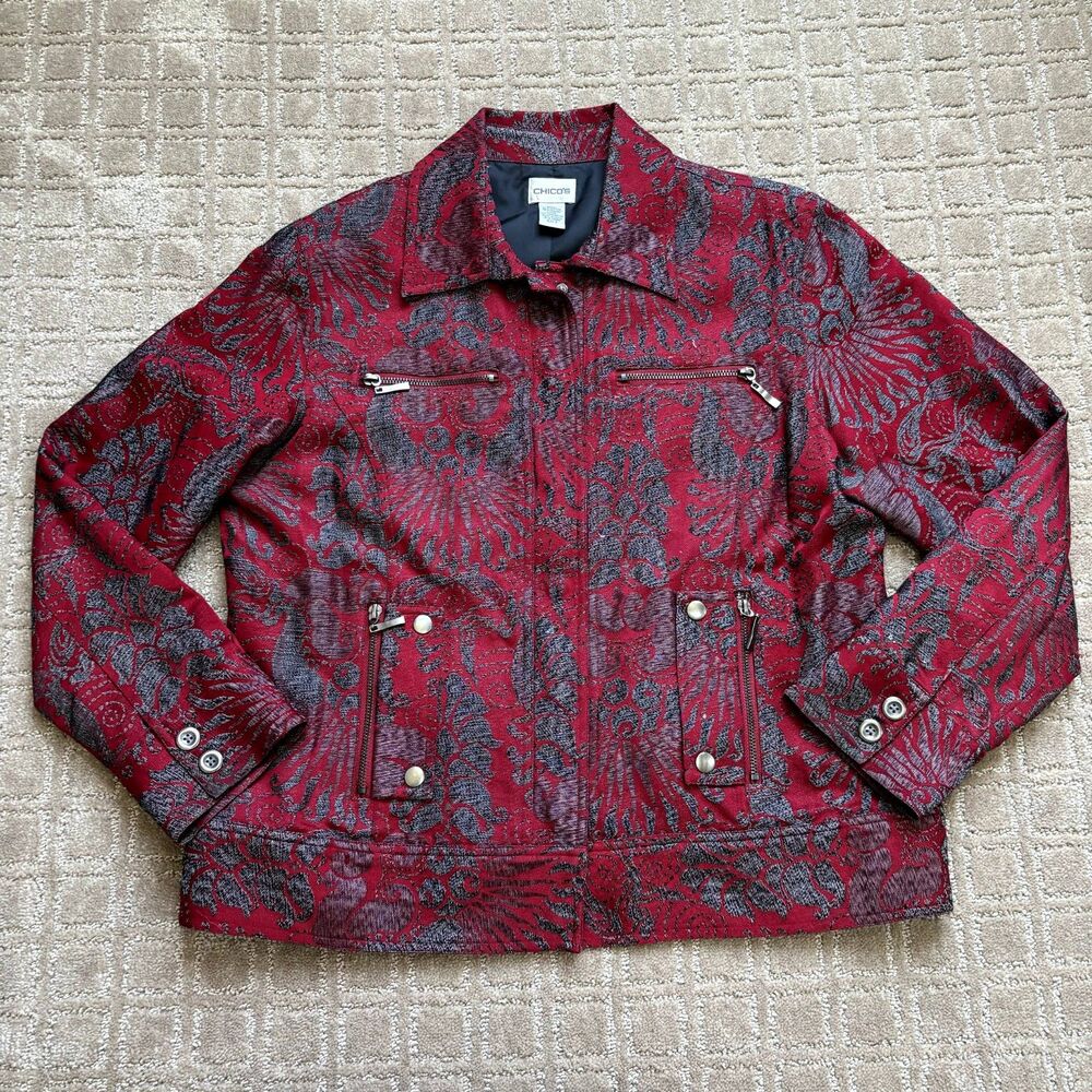 Chicos Embroidered Jacket Women's 2 M Snap Pockets Red Gray Artsy Abstract Boho